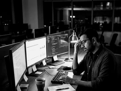 A man rubs his forehead at a desk with three monitors late at night in an empty office