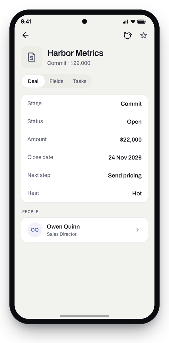 Workloom for Android: a deal in Commit, with its amount, close date and next step.