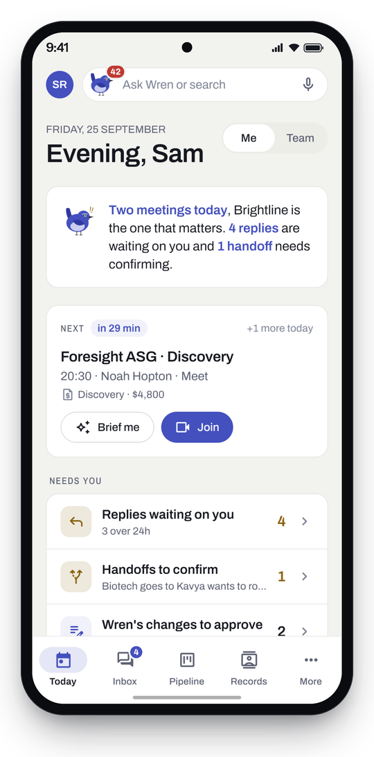 Workloom for Android, Today: the day’s meetings and what needs you, with Wren’s changes to approve.