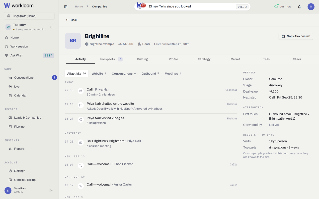 A company record with its activity across email, calls and website visits.