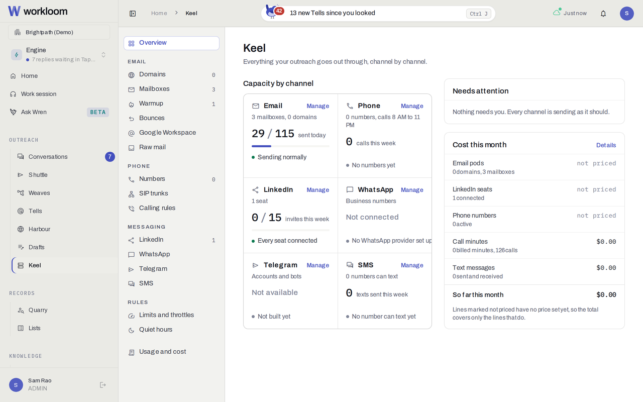 Keel's email view: three inboxes with health and warm-up, one paused for bounces, and each DNS record verified