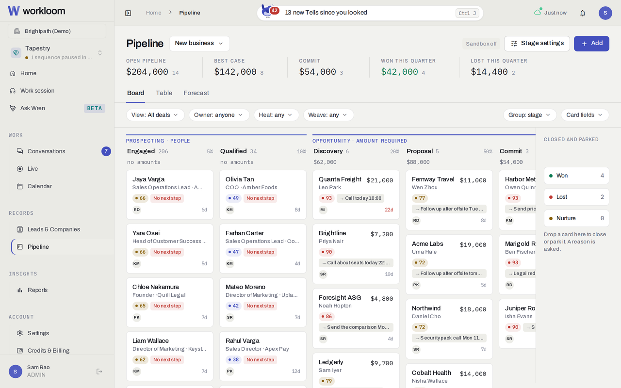 The Tapestry pipeline board with deals by stage, a stale deal flagged in red
