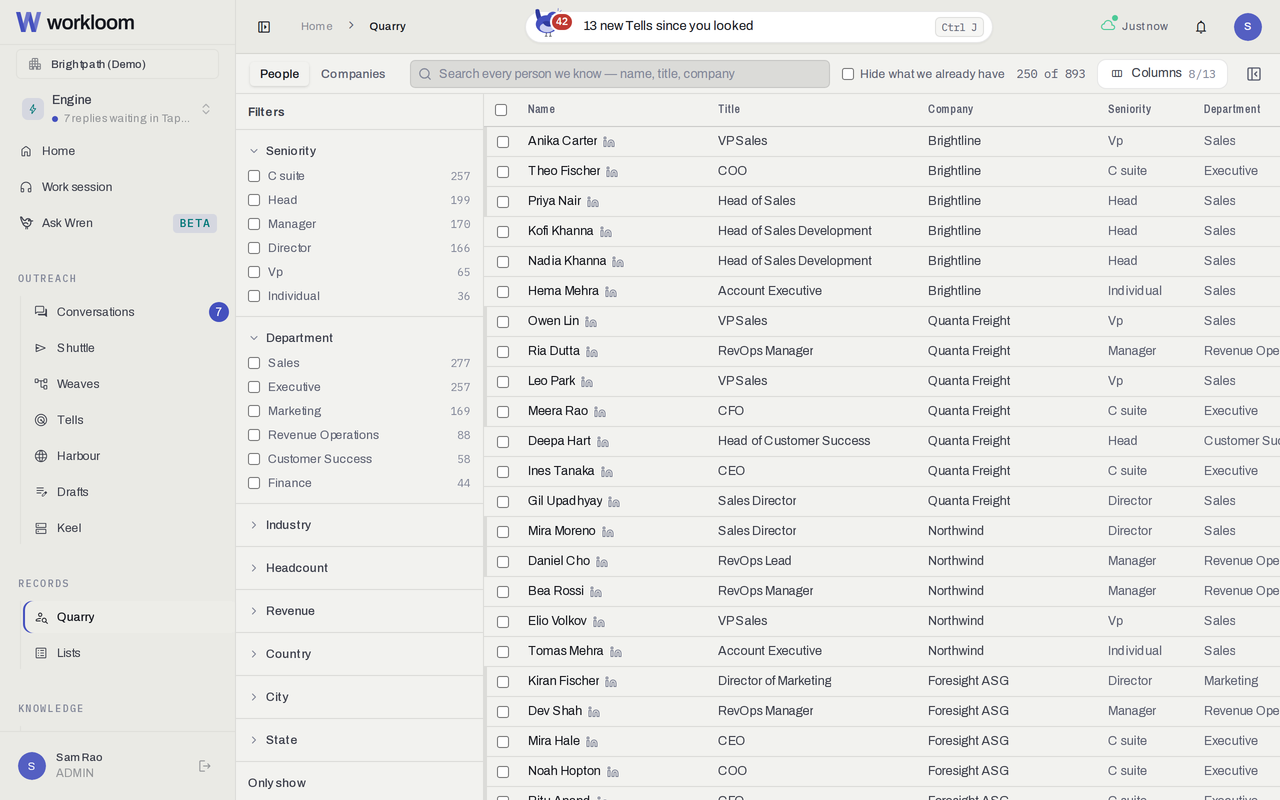 Quarry: people search with exact counts per filter, and whose each person already is.