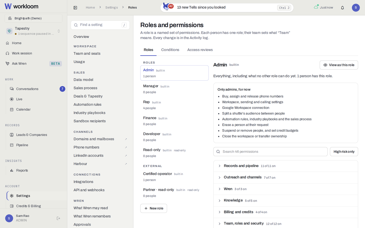 Roles and permissions: each role’s permissions and how far each one reaches.