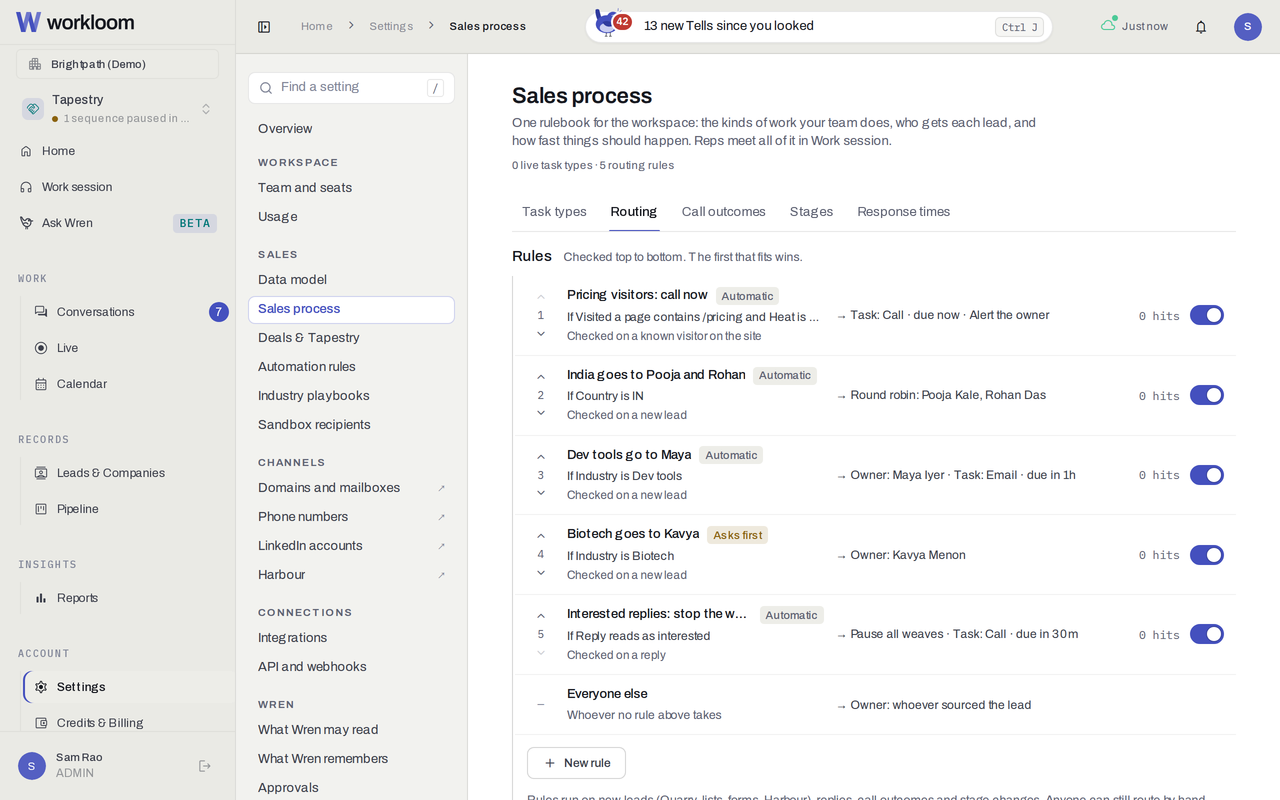 Routing rules in the Sales process settings, first match wins.