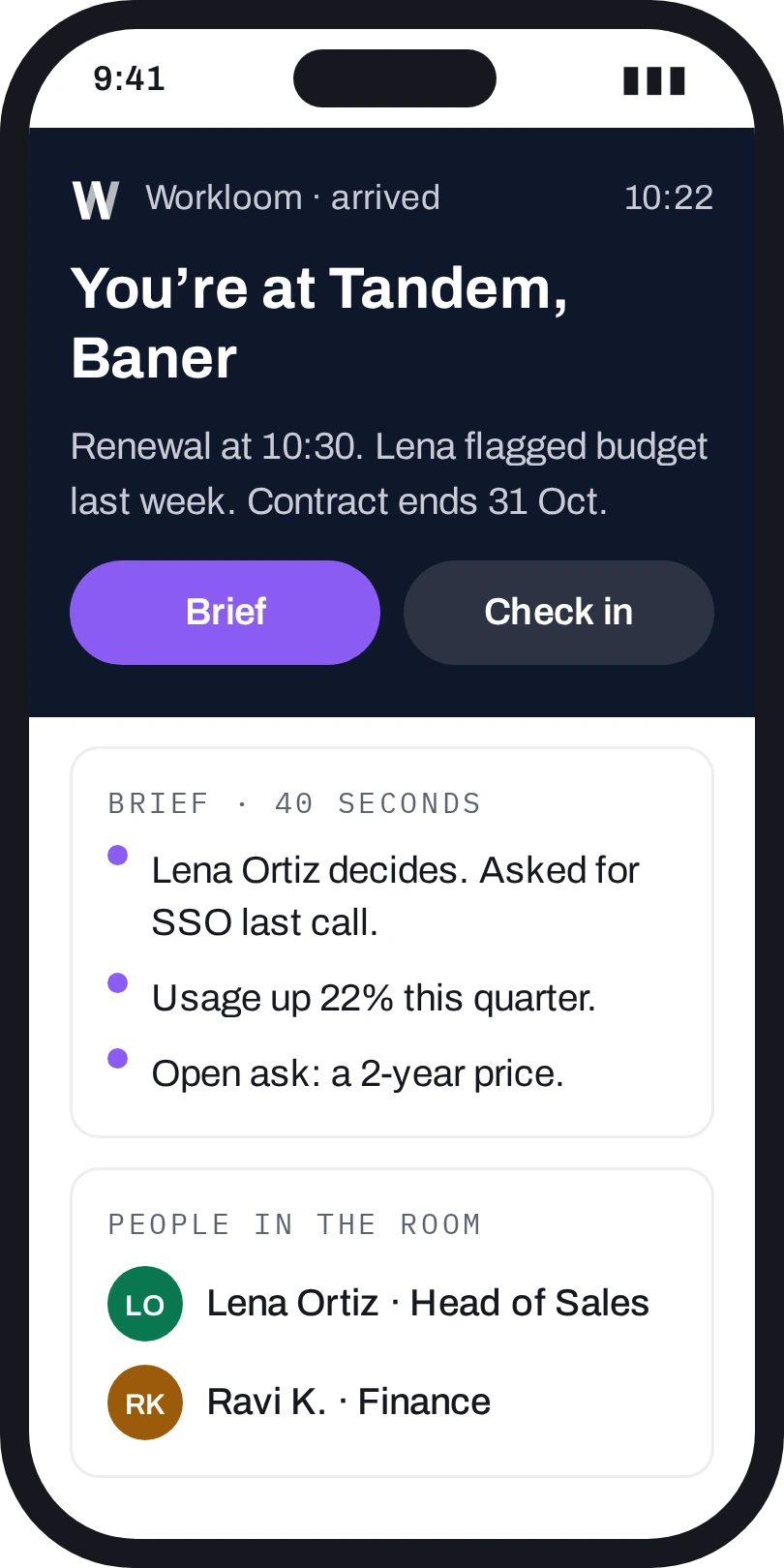 Arrival brief on the lock screen at Tandem: who decides, what they asked last time and when the contract ends.