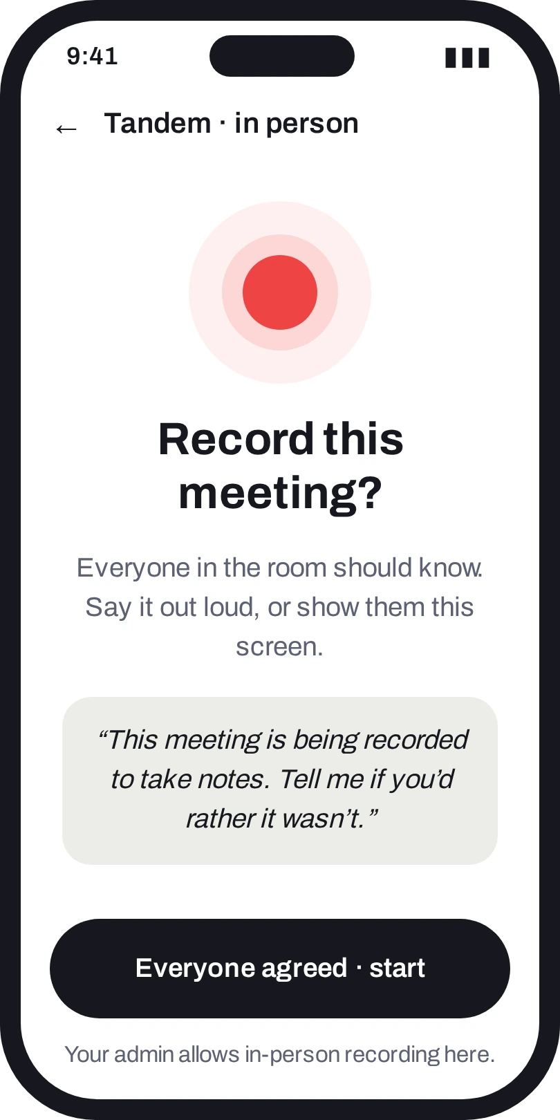 Record this meeting? A consent screen comes first; recording starts only when everyone agrees.