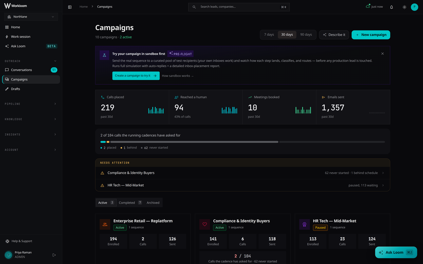 The Workloom campaigns view with enrolment and send counts